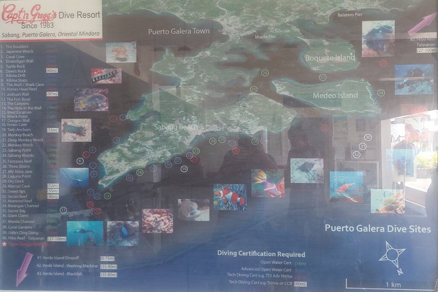 Puerto Galera dive sites map displayed at Capt'n Gregg's dive shop